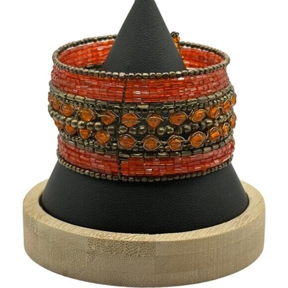 Wide Orange & Bronze Beaded Bracelet Cuff - Picture 1 of 5